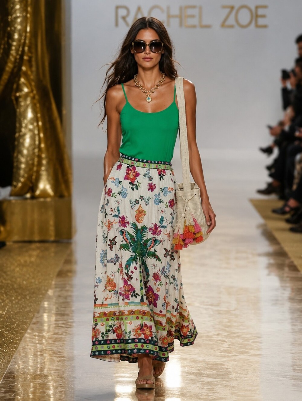 Rachel Zoe White Maxi Skirt with Teal & Pink Tropical Print
